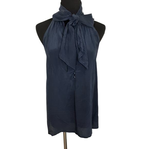 Marc Jacobs 100% Silk Tie Neck Sleeveless Blouse Navy Blue Womens M Quiet Luxury - Picture 1 of 11